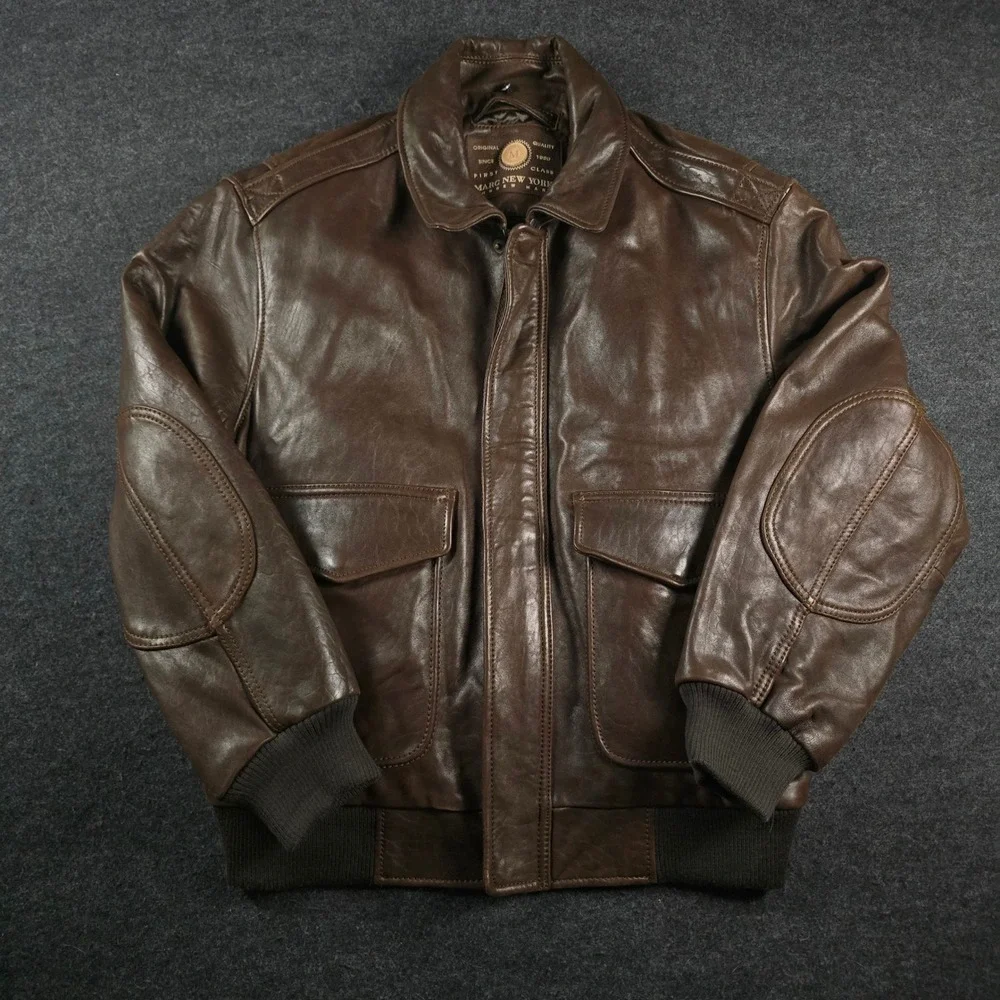 Vtg Andrew Marc New York Mens Brown Leather Jacket Quilted Lining Elbow Pads XL
